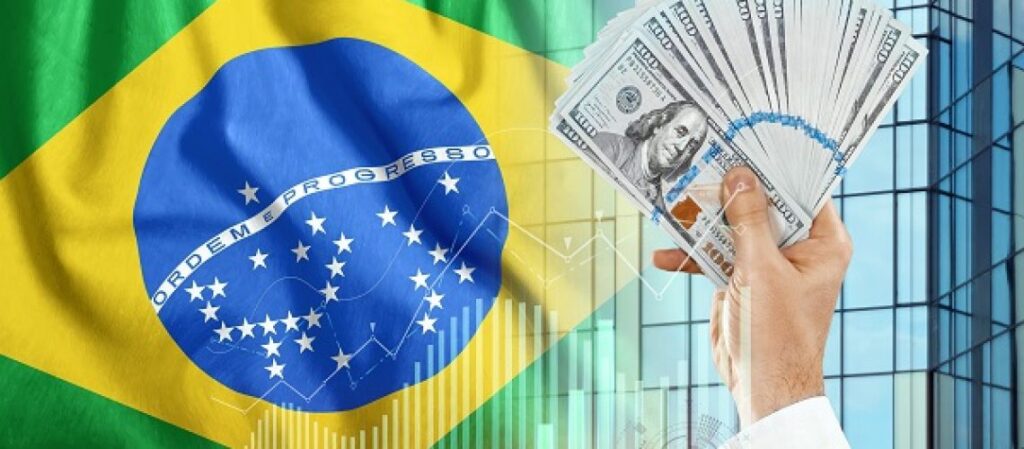 bandeira do Brasil com imagem de mão segurando notas de dolar